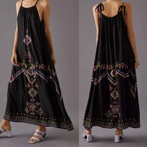 Anthropologie Womens‎ XS Black Embroidered Bohemian Maxi Dress